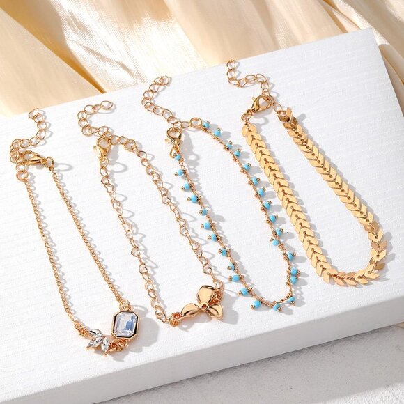 4PCS - ANKLETS Boho Charms and Beaded Layered Gold Dipped Chains Summer Set NEW - Picture 4 of 5